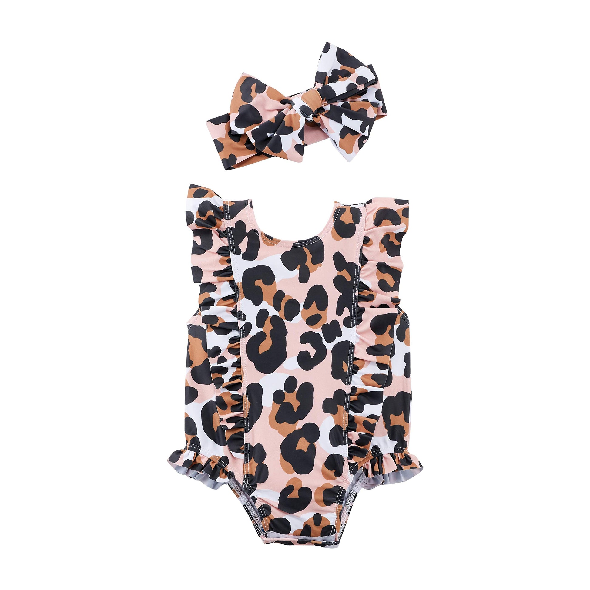 Mud Pie Girls' Leopard Swimsuit And Headband, Pink, 6-9 Months