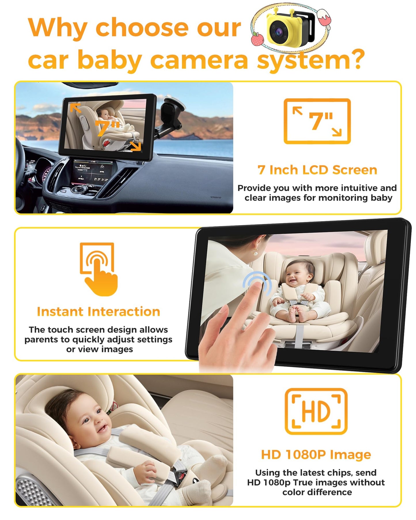 7-Inch Hd 1080P Baby Car Camera, 3X Zoom, 940Nm Night Vision, Touchscreen, Recording & Picture, Supports Tf Card (64G), Easy Ins