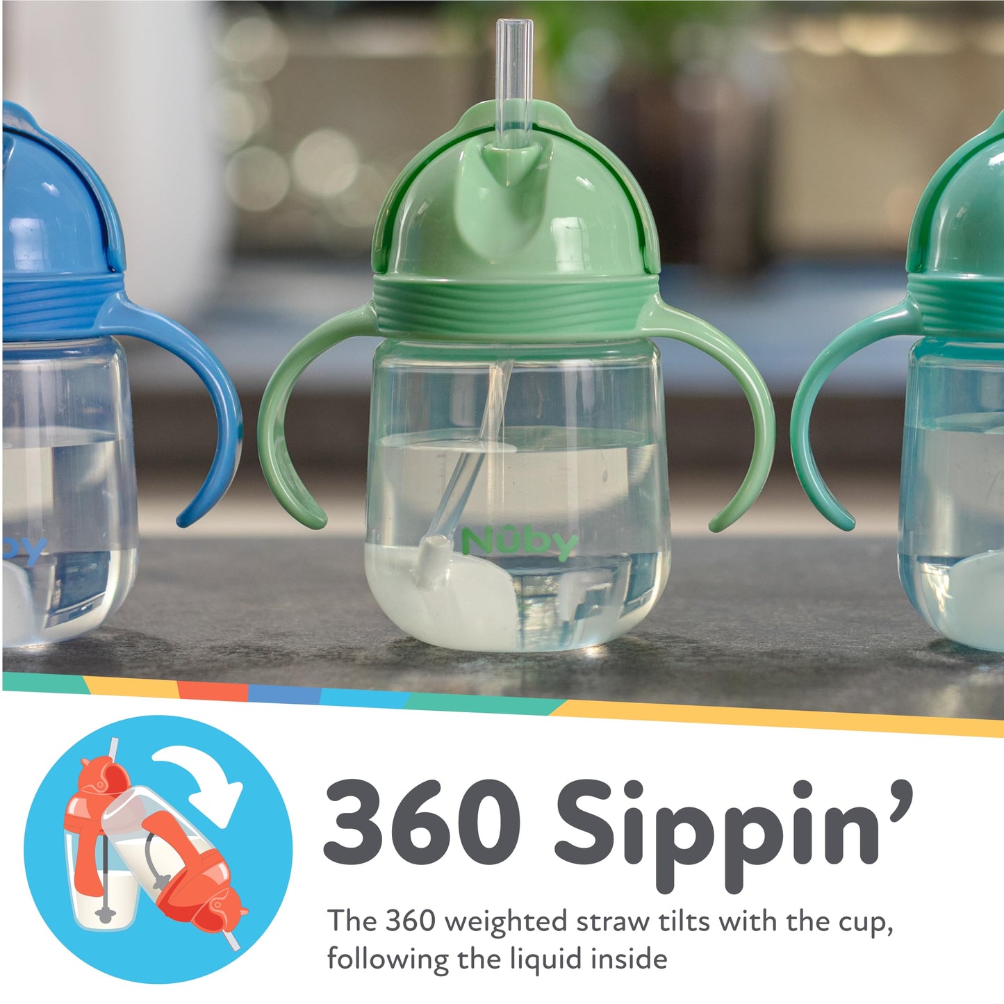 Nuby No-Spill Clik-It Silicone Straw Toddler Cup - (2 Pack) 8 Oz - 360 Weighted Straw Toddler Sippy Cup For 1+ Year Old - Blue/M