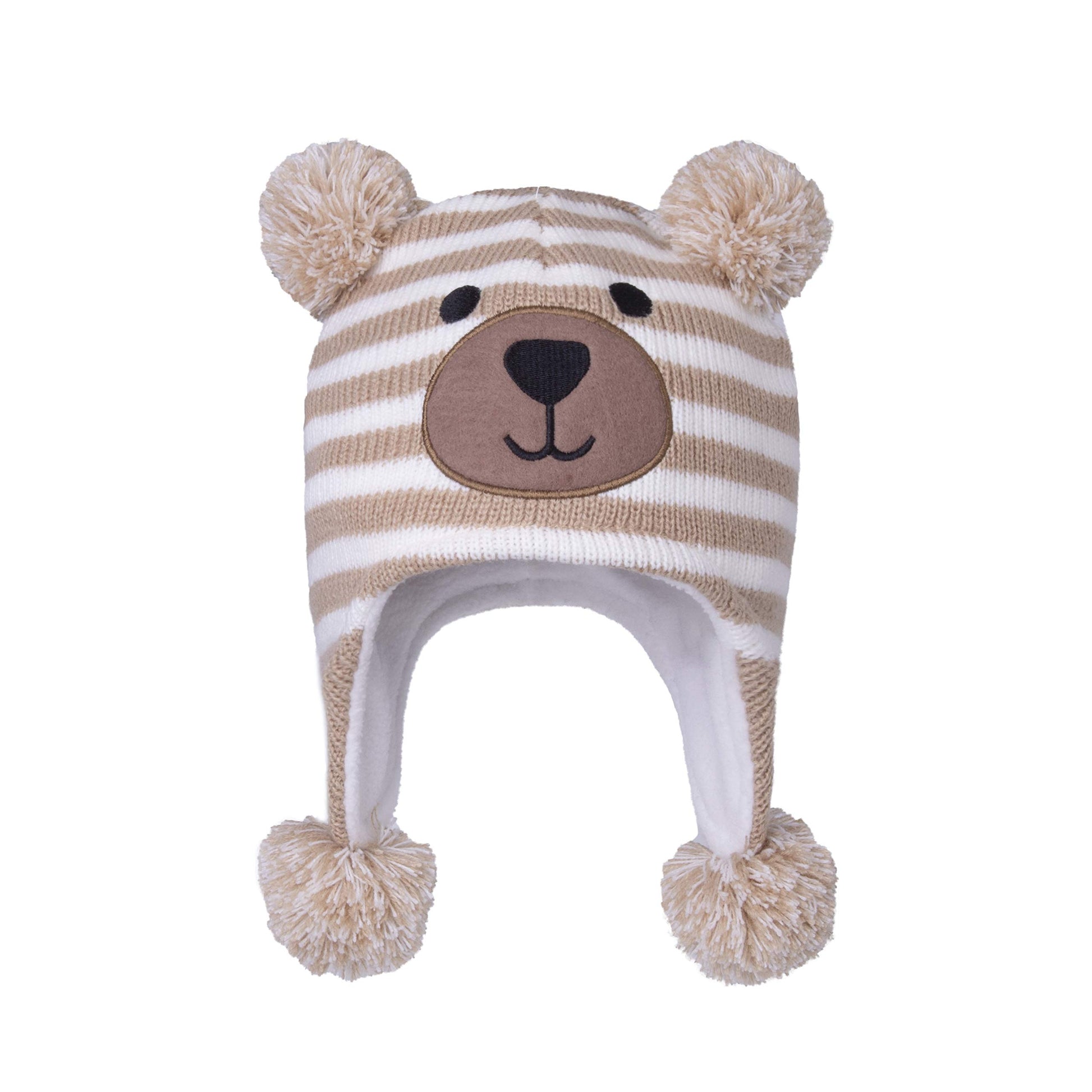 Langzhen Toddler Kids Infant Winter Hat,Earflap Knit Warm Cap Fleece Lined Beanie For Baby Boys Girls (Bear -Beige Stripe, 12-24
