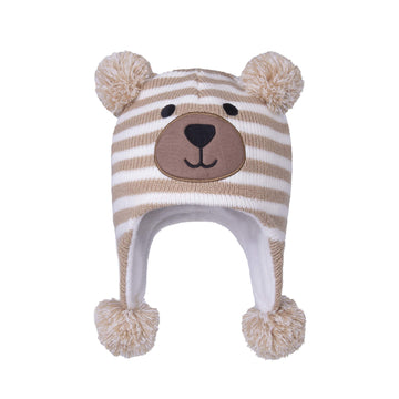 Langzhen Toddler Kids Infant Winter Hat,Earflap Knit Warm Cap Fleece Lined Beanie For Baby Boys Girls (Bear -Beige Stripe, 12-24