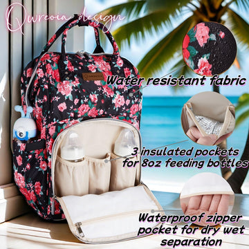 Qwreoia Floral Diaper Bag Backpack With Usb Charging Port Stroller Straps And Insulated Pocket, Travel Bag Nappy Backpack For Wo