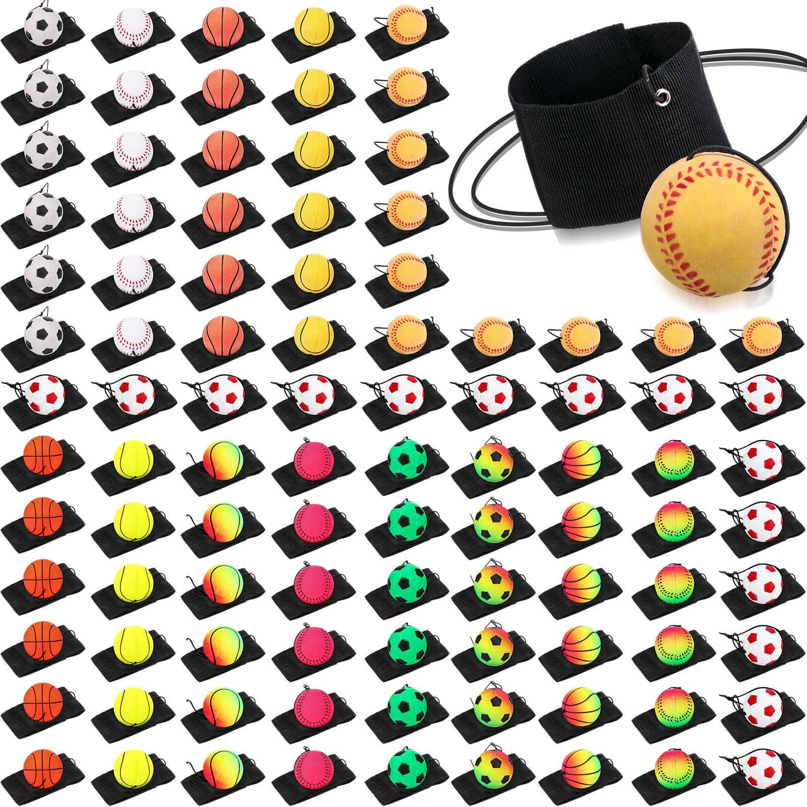 Skylety 100 Pieces Wrist Return Ball Rubber Sport Ball with Strap and String Rebound Bouncy Balls Toy on Elastic String Toy for 