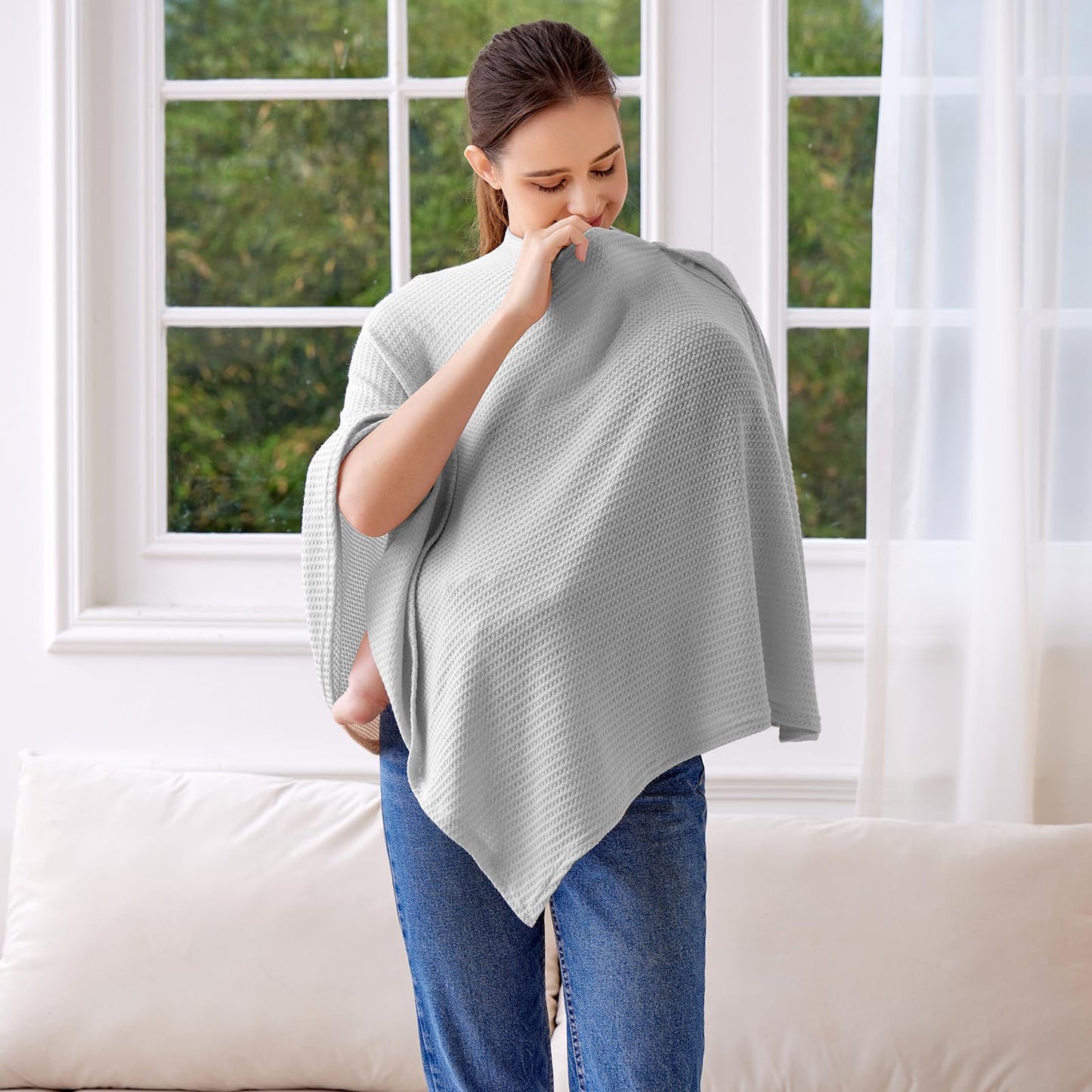 Knit Nursing Cover For Baby Breastfeeding, Breathable And Soft, Wide Neck With Stretch For Easy View (Grey)