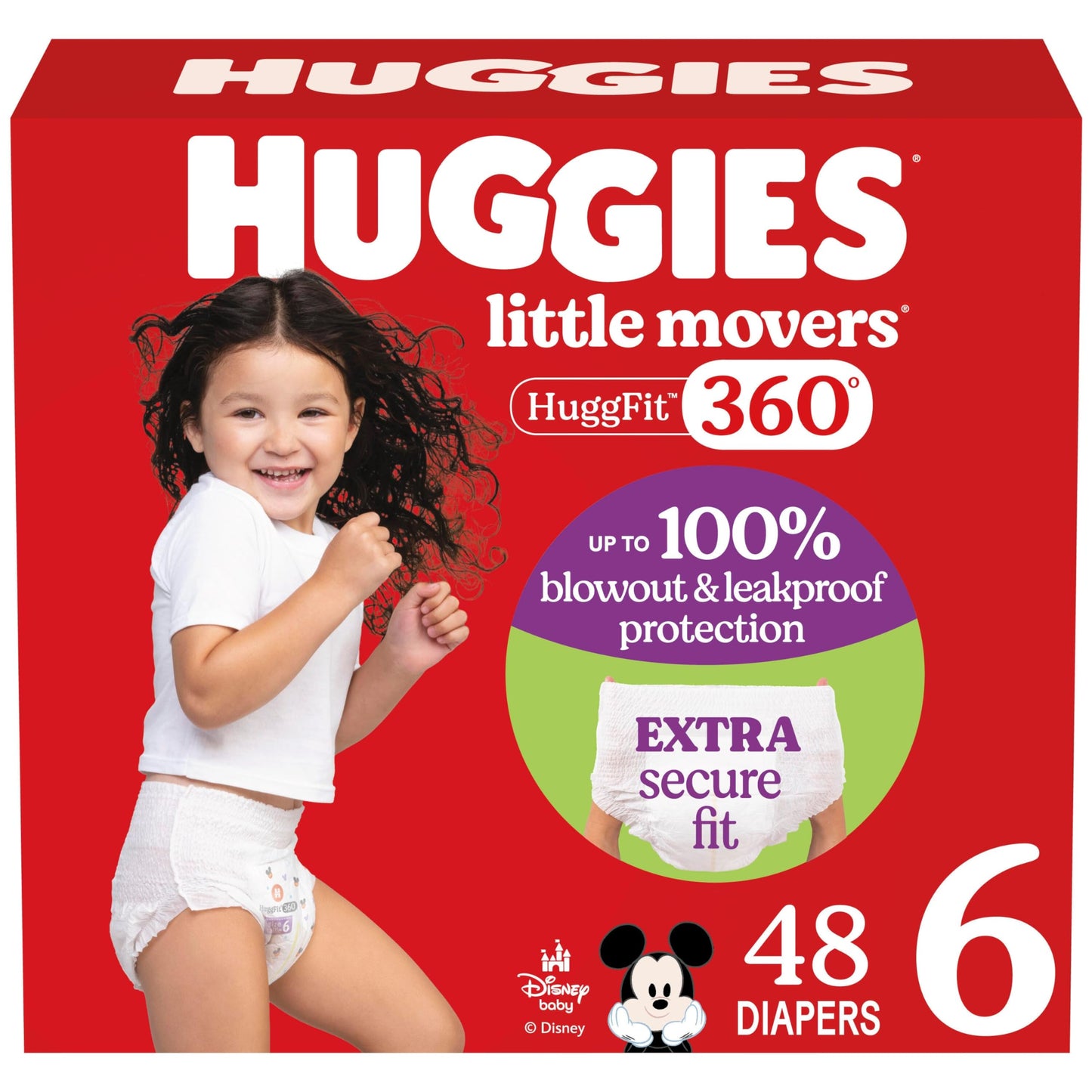 Huggies Size 6 Baby Diapers, Little Movers HuggFit 360 Baby Diapers with 360 Waistband, Size 6 (35+ lbs), 48 Count, Packaging Ma