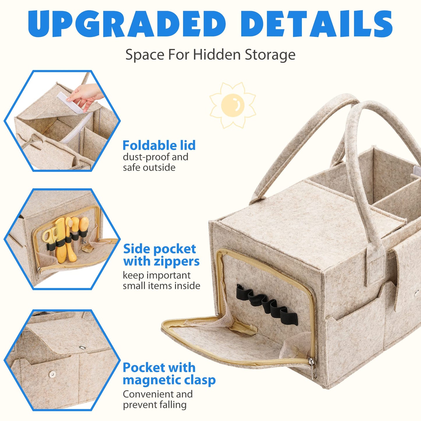 Maliton Baby Diaper Caddy Organizer With Handles, Felt Caddy For Changing Table, Newborn Essentials Bin With Lid