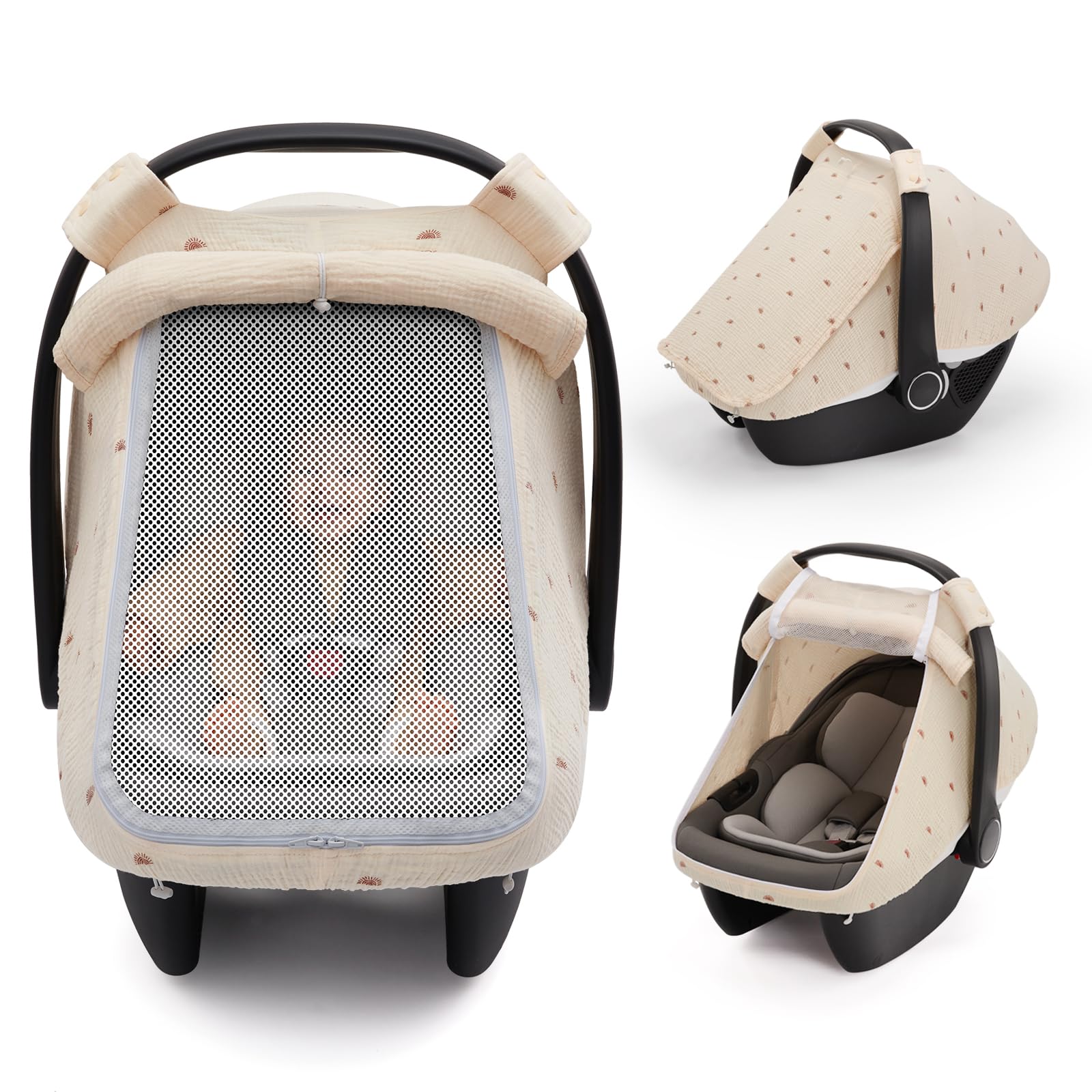 Blissful Diary Baby Car Seat Cover, Extra Large Mesh Window, Breathable Muslin Cotton, Infant Windproof Canopy - Rainbow