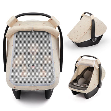 Blissful Diary Baby Car Seat Cover, Extra Large Mesh Window, Breathable Muslin Cotton, Infant Windproof Canopy - Rainbow