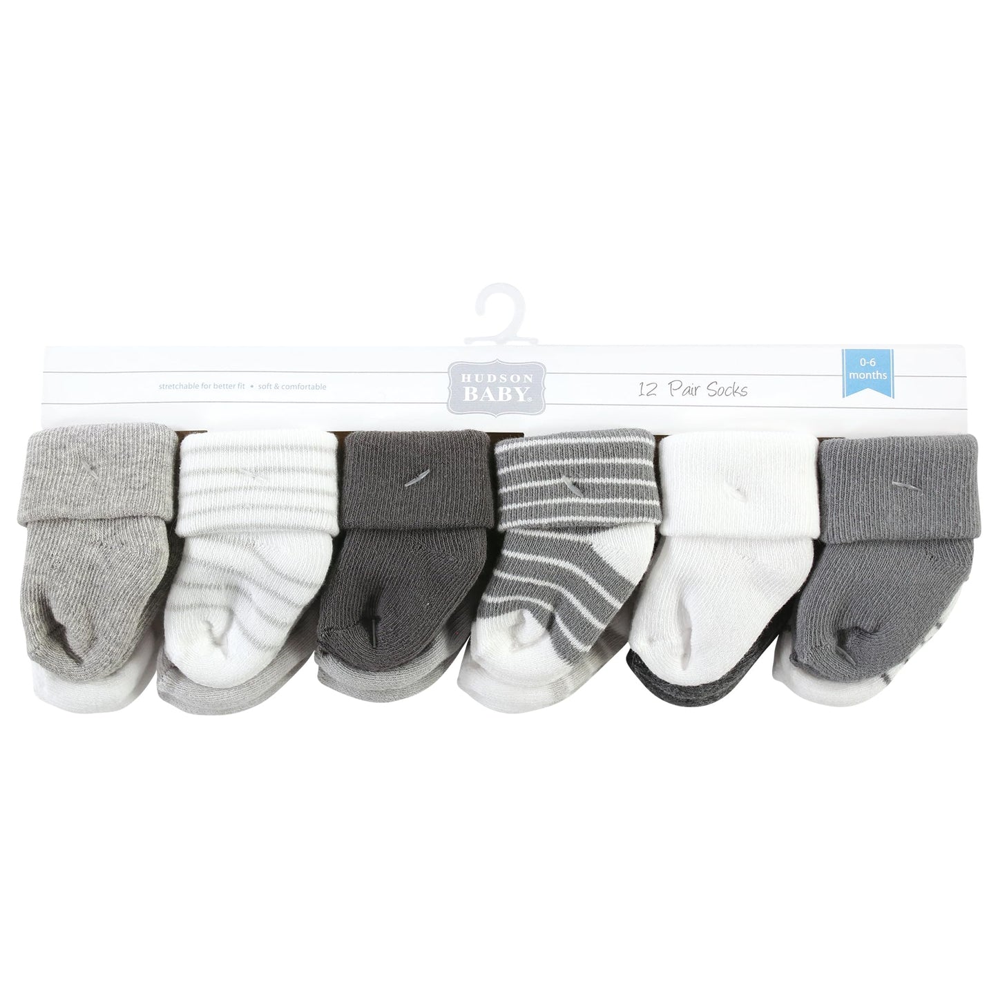 Hudson Baby Unisex Baby Cotton Rich Newborn And Terry Socks, Gray Stripe 12 Pack, 6-12 Months