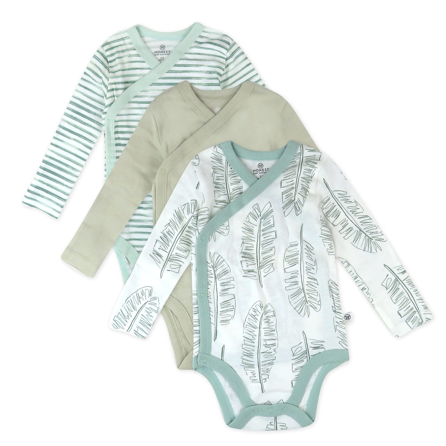 Honestbaby 3-Pack Organic Cotton Long Sleeve Side-Snap Kimono Onesies Bodysuits, Jumbo Leaf Sage, Newborn