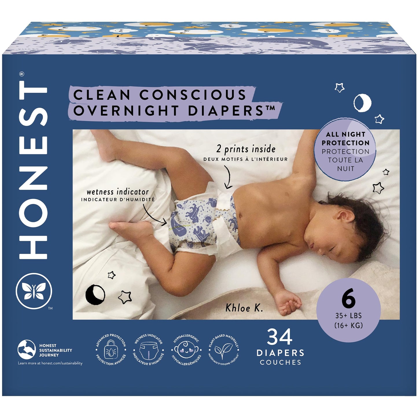 The Honest Company Clean Conscious Overnight Diapers For Sensitive Skin | Hypoallergenic, Fragrance Free | Cozy Cloud + Star Sig