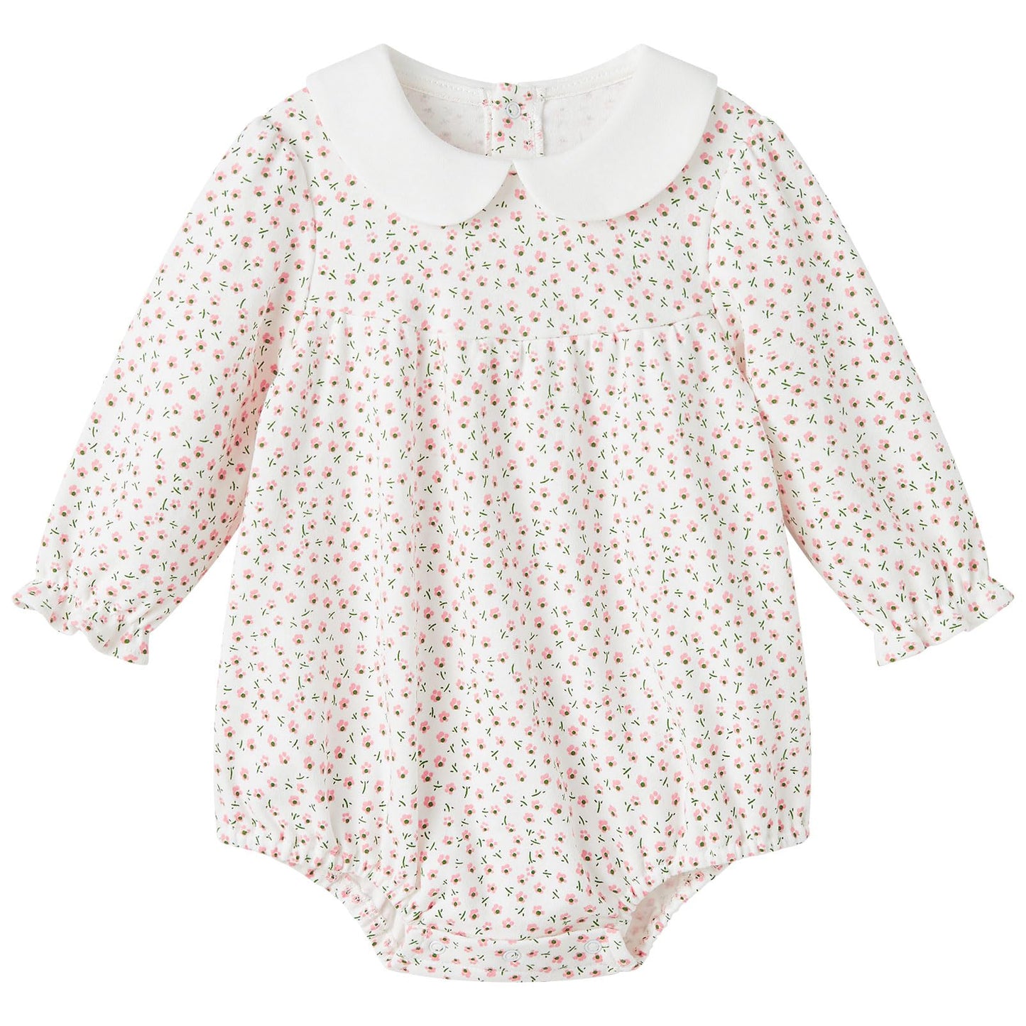 Pureborn Baby Girls Bodysuit Peter Pan Collar Bubble Romper Long Sleeve One-Piece Cotton Outfit Pink Flower 12-18 Months