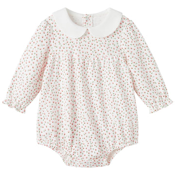 Pureborn Baby Girls Bodysuit Peter Pan Collar Bubble Romper Long Sleeve One-Piece Cotton Outfit Pink Flower 12-18 Months