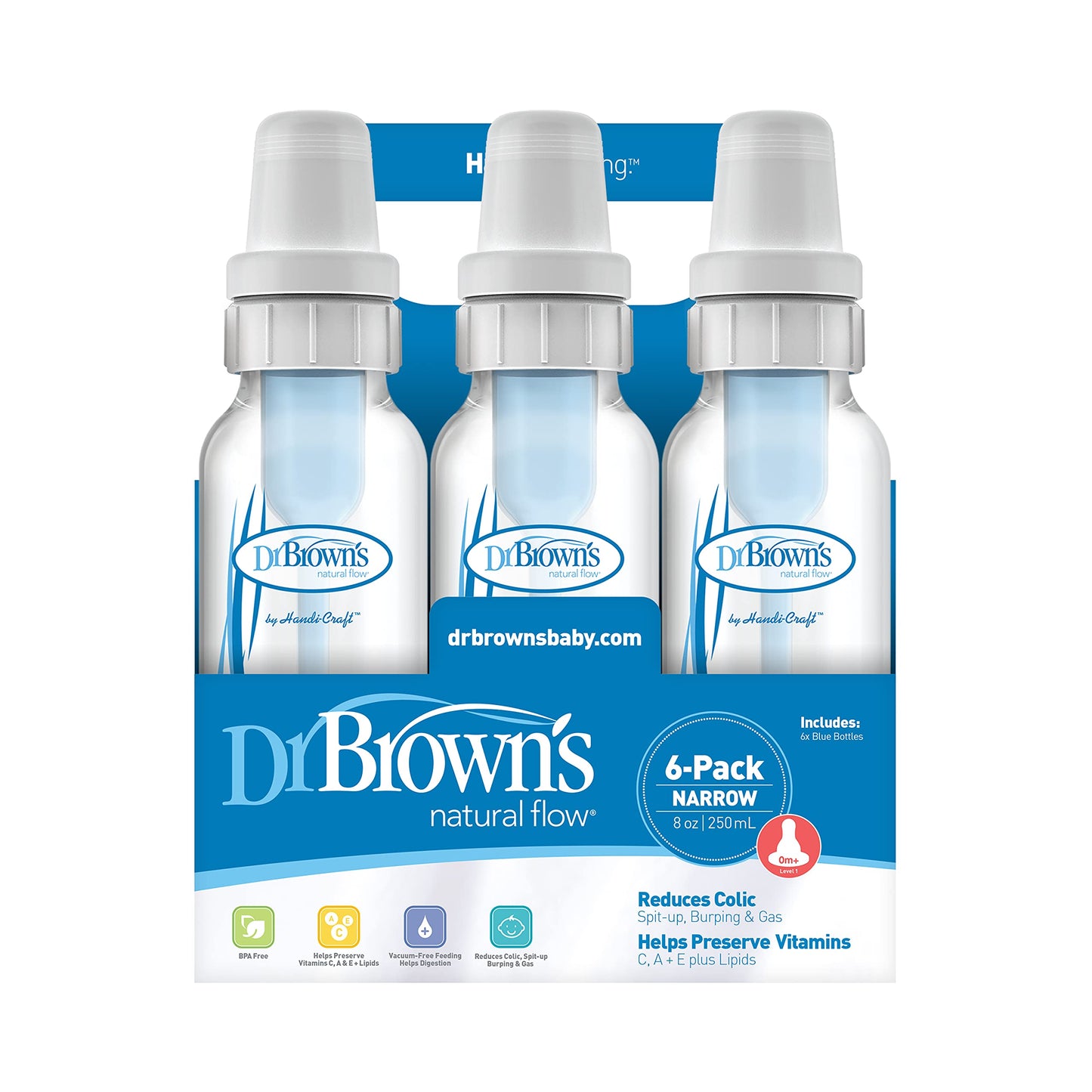 Dr Browns Natural Flow Feeding Bottle 6Pk Clear With Blue Writing - 250Ml(8Oz) (Standard)