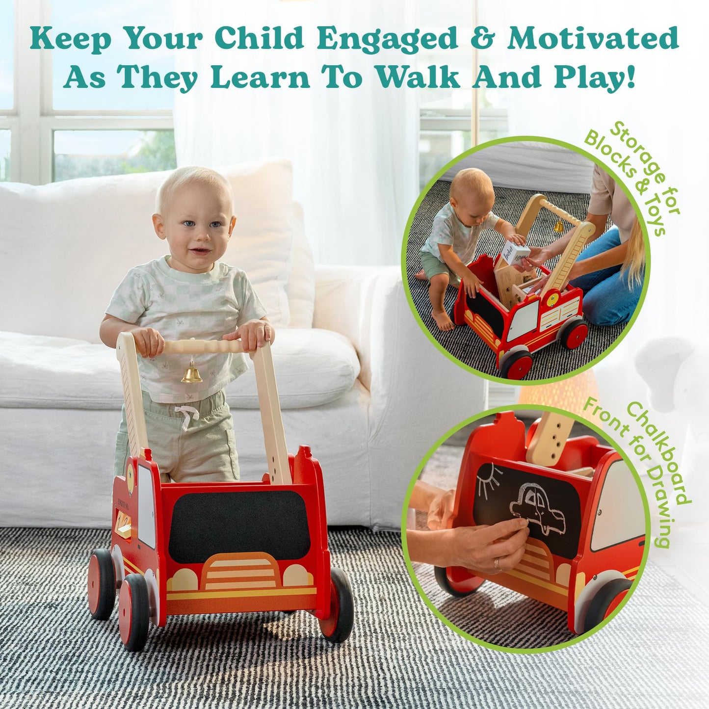 Wooden Baby Walker With Wheels - Baby Walkers For Boys Fire Truck Walker Baby - Walker For Baby Boy With Rigged Handles - Adjust