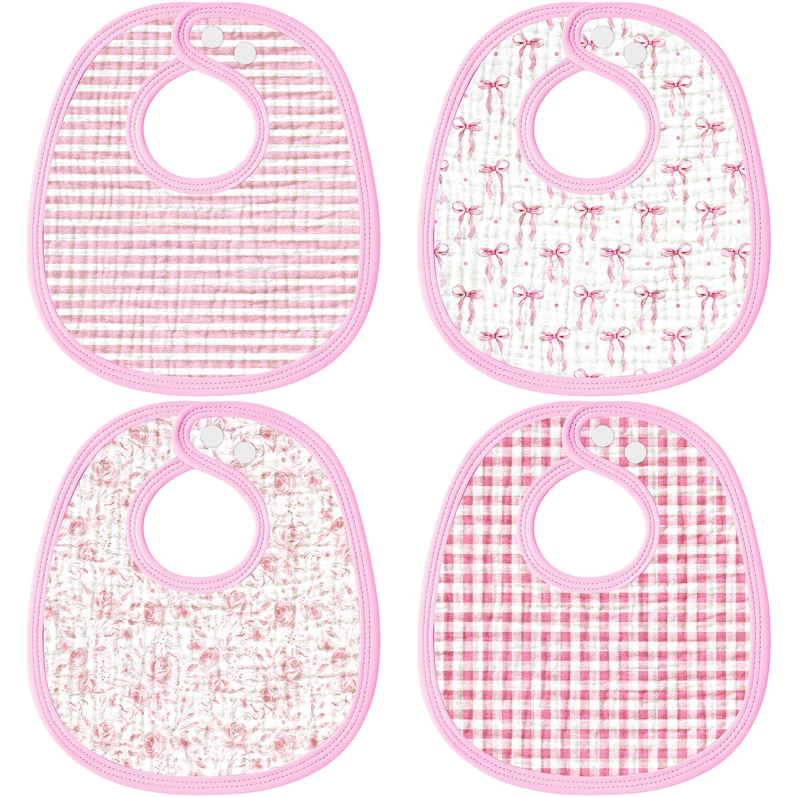 Shyyween 4 Piece Pink Baby Bib Set Triple Layer Cotton Muslin Soft Adjustable Baby and Toddler Bibs for Drooling, Teething, and 