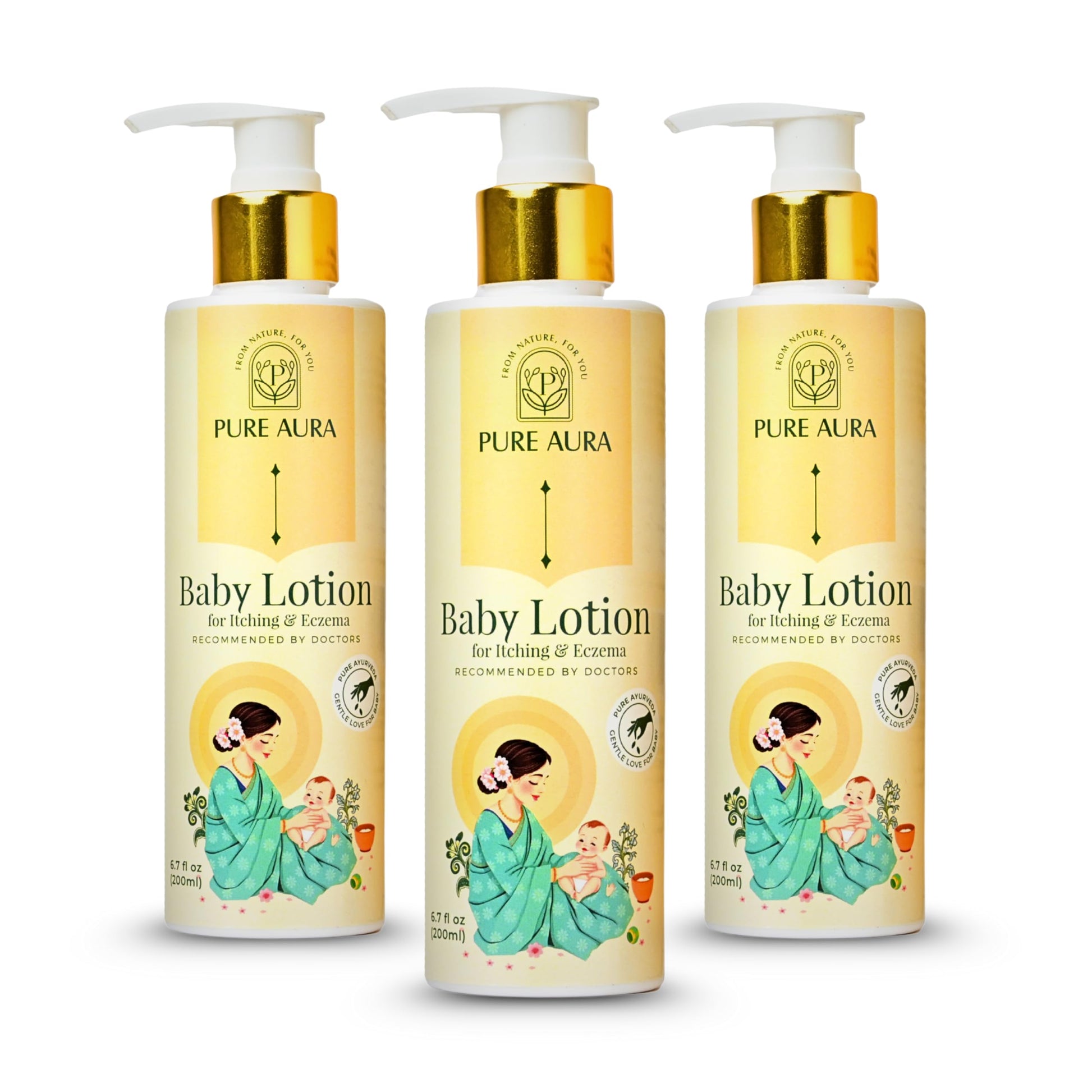 Pure Aura Baby Lotion For Itching & Eczema Relief (Pack Of 3, 200Ml) | Ayurvedic & Chemical-Free | Safe For Newborns & Kids | Do