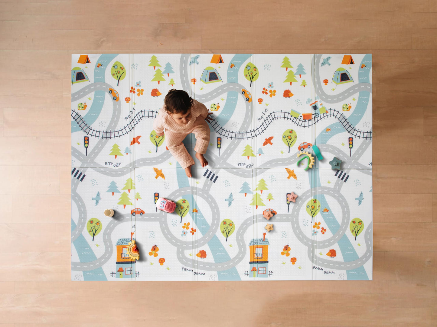 Nuby Reversible Baby Floor Mat - Foldable and Lightweight Foam Infant Play Mat - 77 x 58 - Easy Storage and Travel - Car Tracks/