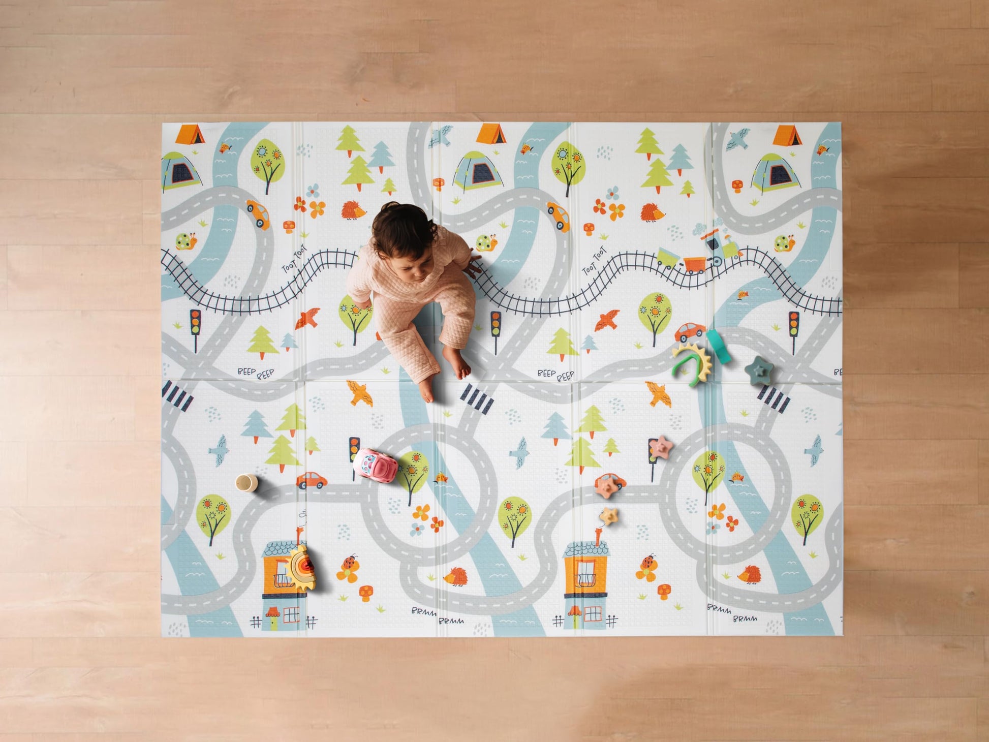 Nuby Reversible Baby Floor Mat - Foldable and Lightweight Foam Infant Play Mat - 77 x 58 - Easy Storage and Travel - Car Tracks/