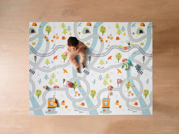 Nuby Reversible Baby Floor Mat - Foldable and Lightweight Foam Infant Play Mat - 77 x 58 - Easy Storage and Travel - Car Tracks/