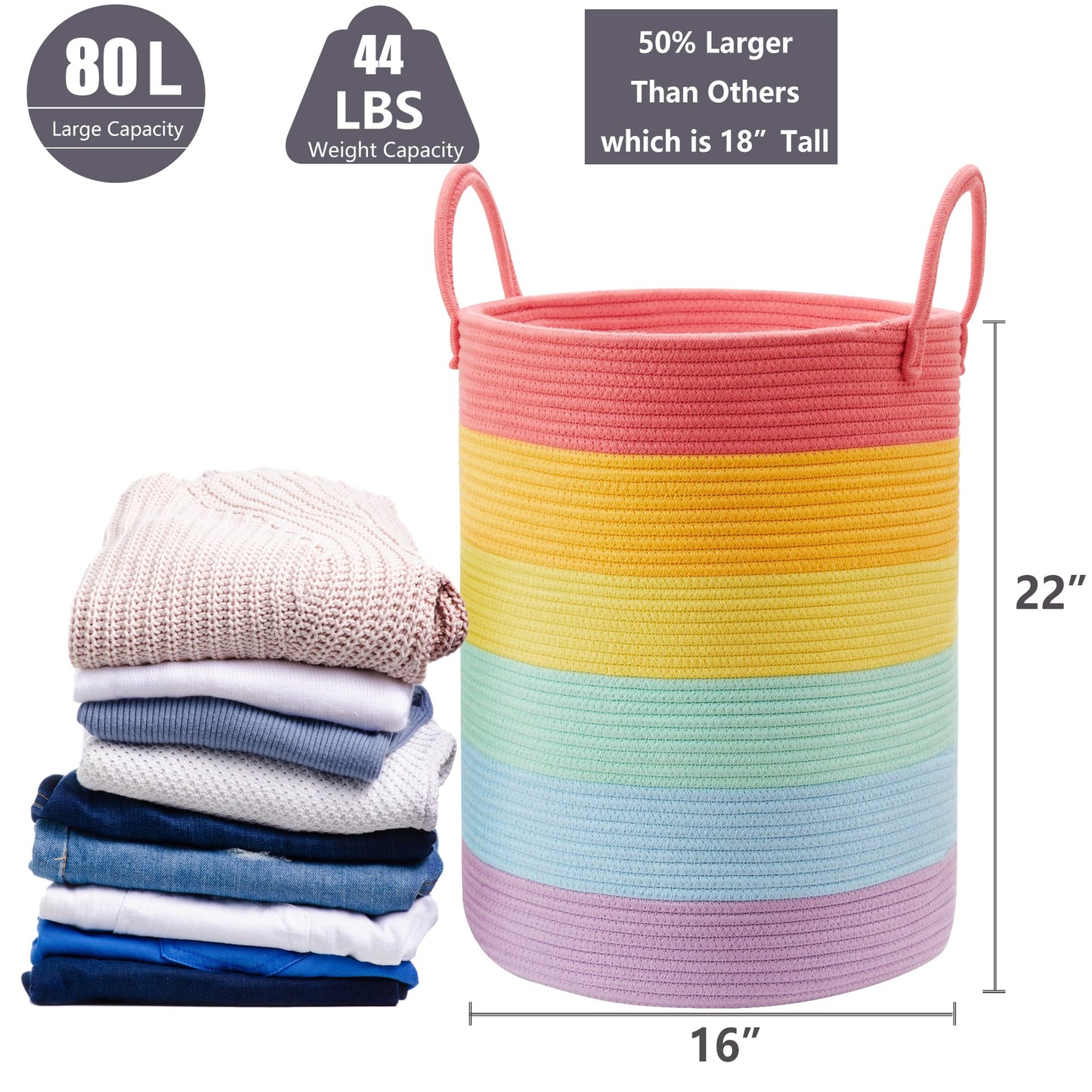 Mojoscend 80L Extra Large Rainbow Laundry Hamper Basket For Girls Kids Tall Unicorn Baby Nursery Hamper For Clothes Woven Roper