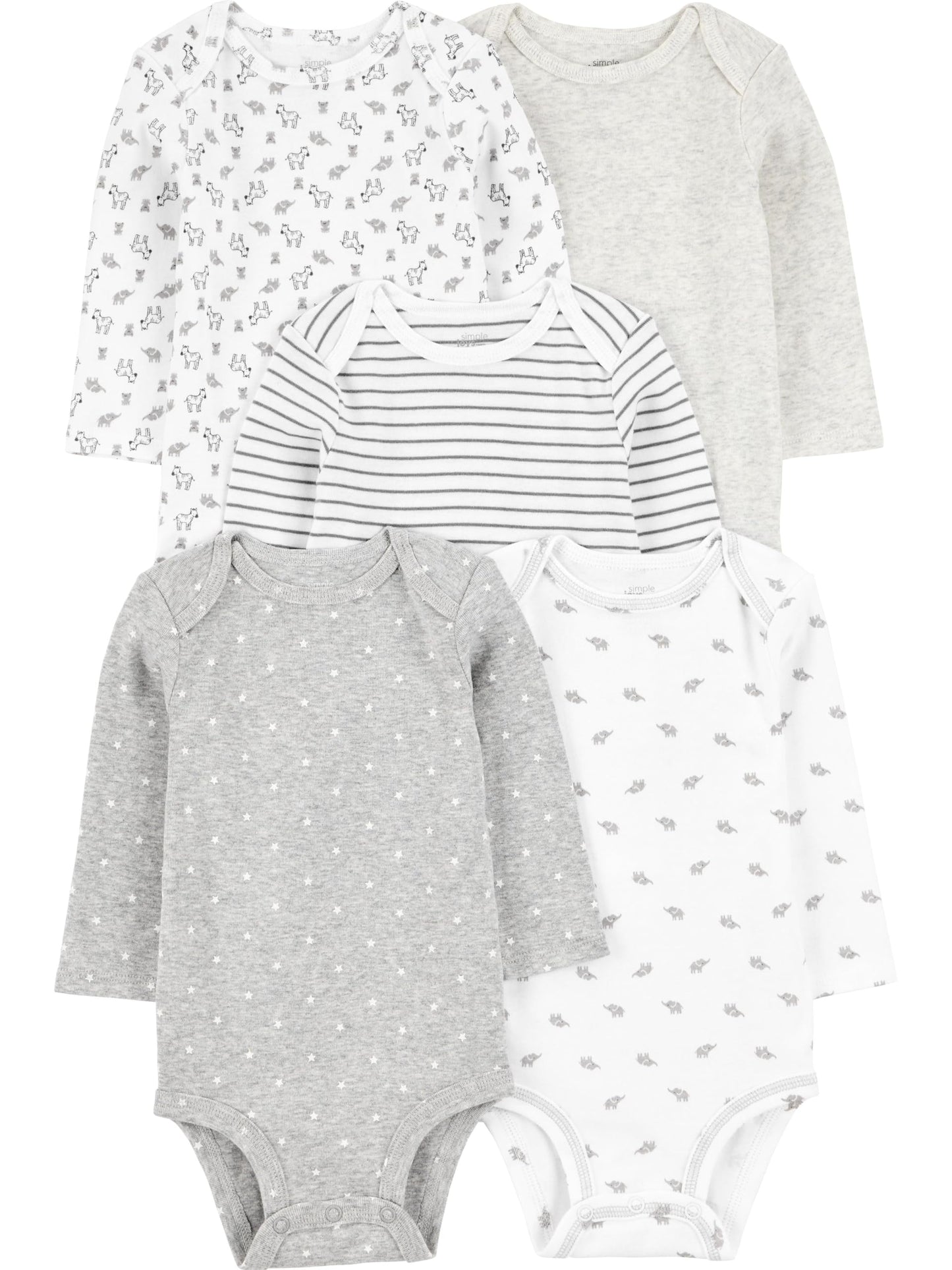Simple Joys by Carters Unisex Babies Long-Sleeve Bodysuit, Pack of 5, Grey/White, 12 Months