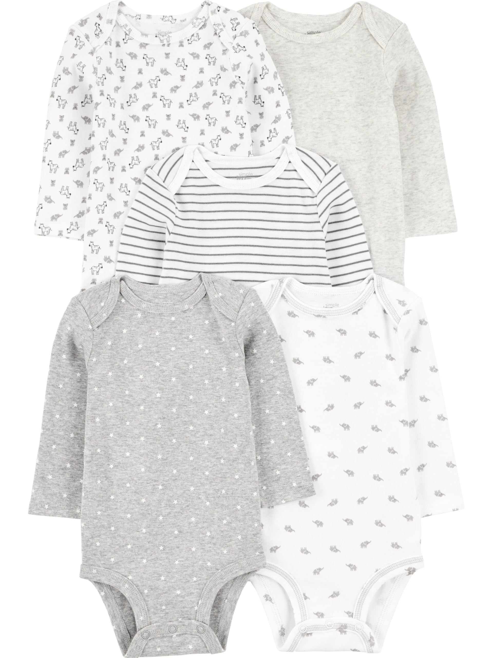 Simple Joys by Carters Unisex Babies Long-Sleeve Bodysuit, Pack of 5, Grey/White, 6-9 Months