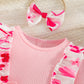 Wolbay Newborn Infant Valentines Baby Girl Outfit Love Print Romper Drees Ruffles Bodysuit Jumpsuit Clothes And Headband (Pink,