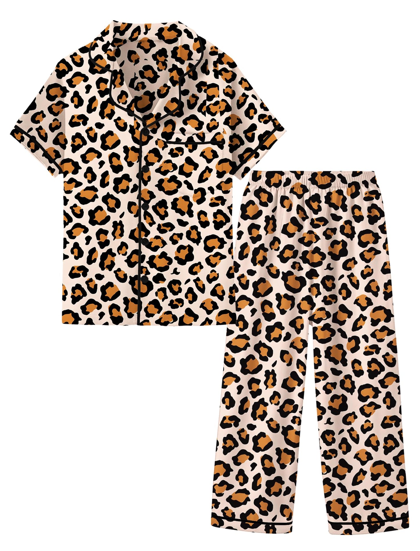 Mikrdoo Silk Pajamas for Girls 2Piece: Short Sleeve Tops and Pants Satin PJs Fashion Sleepwear for Kids 314 Years, Brown Leopa