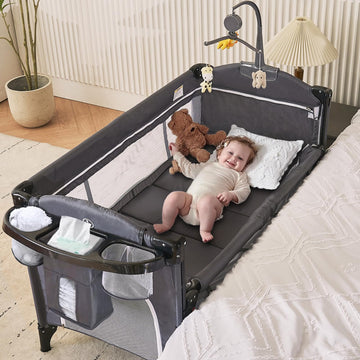 Mooitz Baby Bassinet Bedside Crib, 6-In-1 Pack And Play With Bassinet, 4 Height Adjustable Bedside Crib, Newborn Portable Bassin