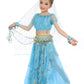 Girls Belly Dance Top Skirt Set Halloween Costume With Head Veil,Waist Chain Blue