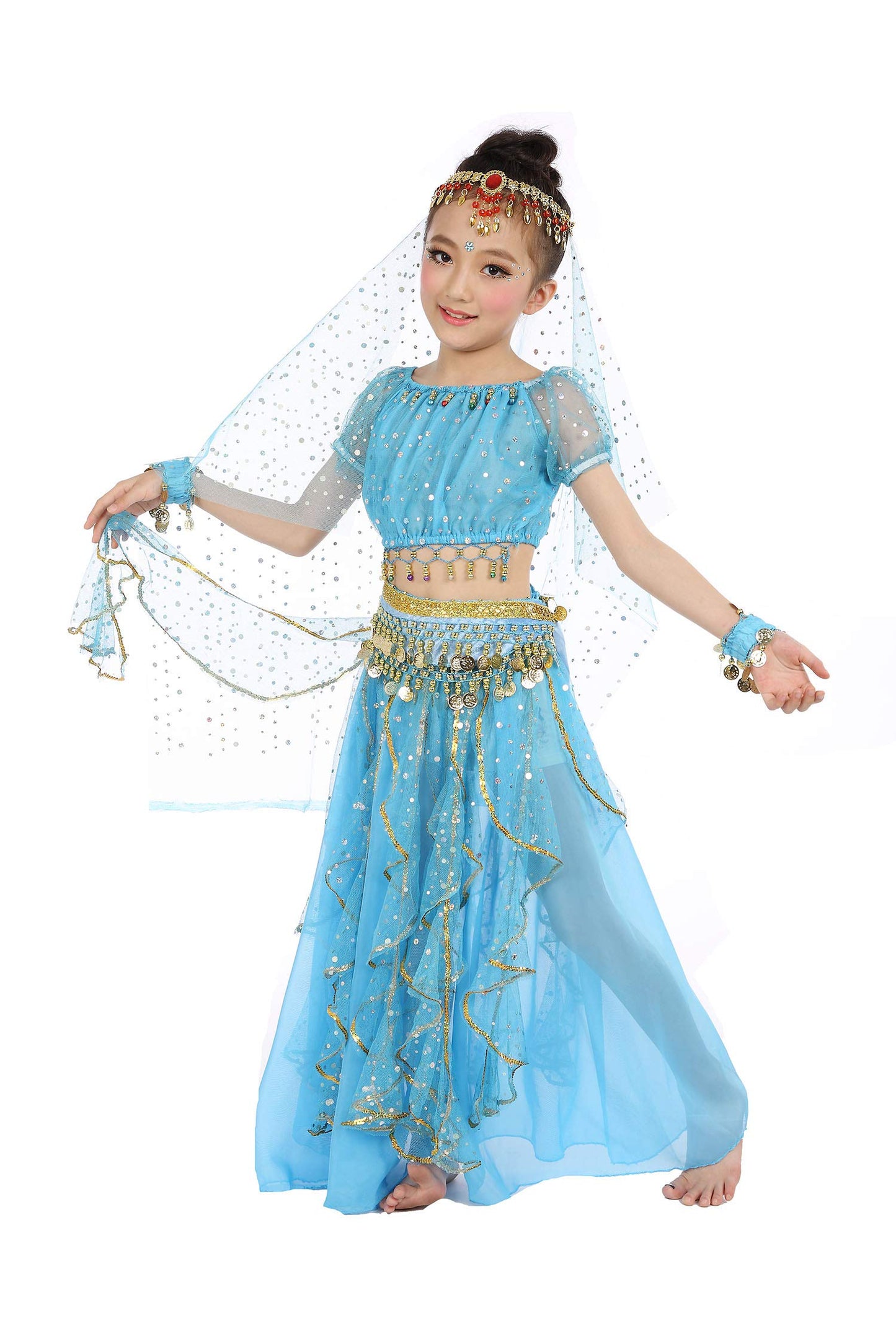 Girls Belly Dance Top Skirt Set Halloween Costume With Head Veil,Waist Chain Blue
