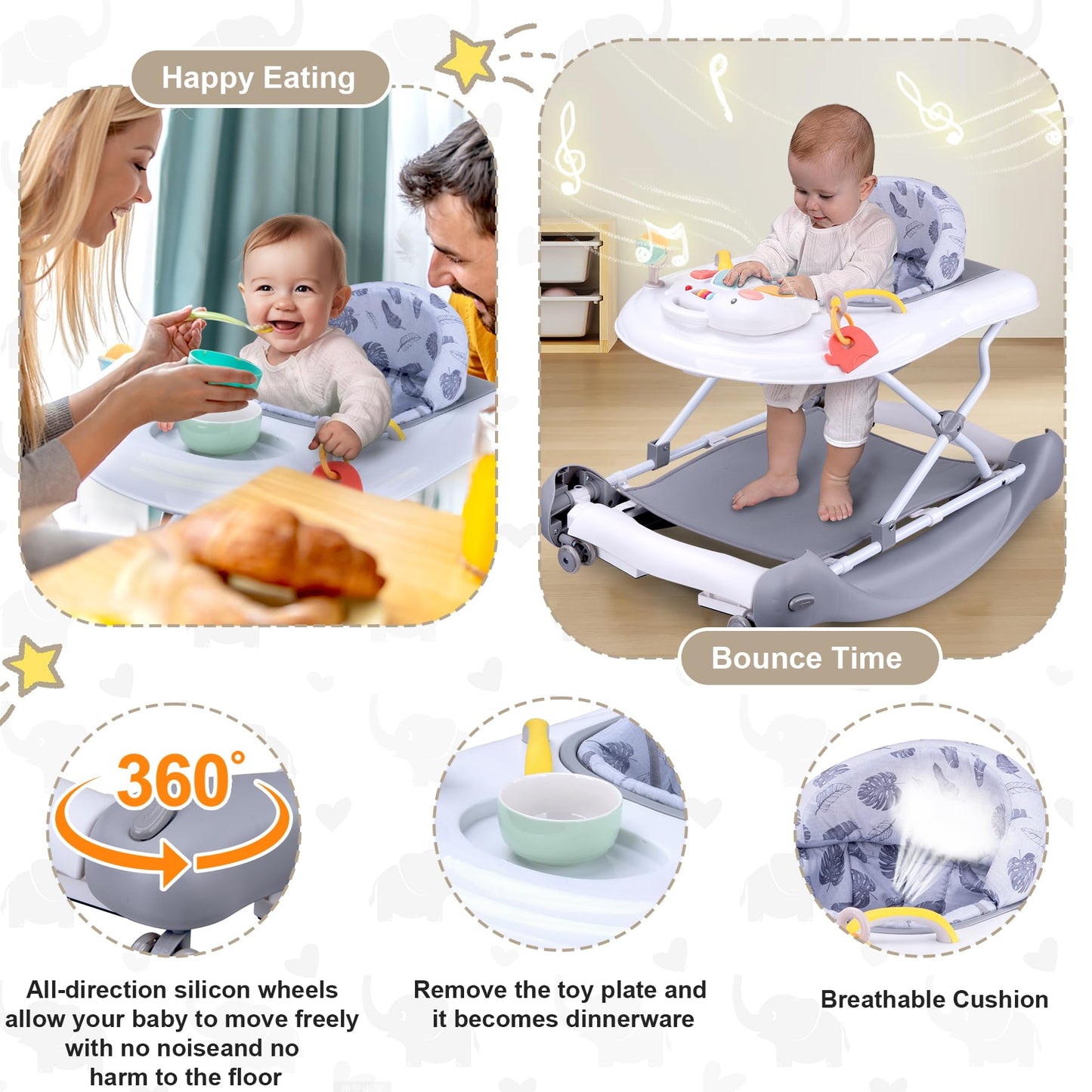 Foldable Baby 5-In-1 Activity Walker - Rocker, Activity Center, Bouncer, Seat, Push Walker - Adjustable Speed Rear Wheels And He