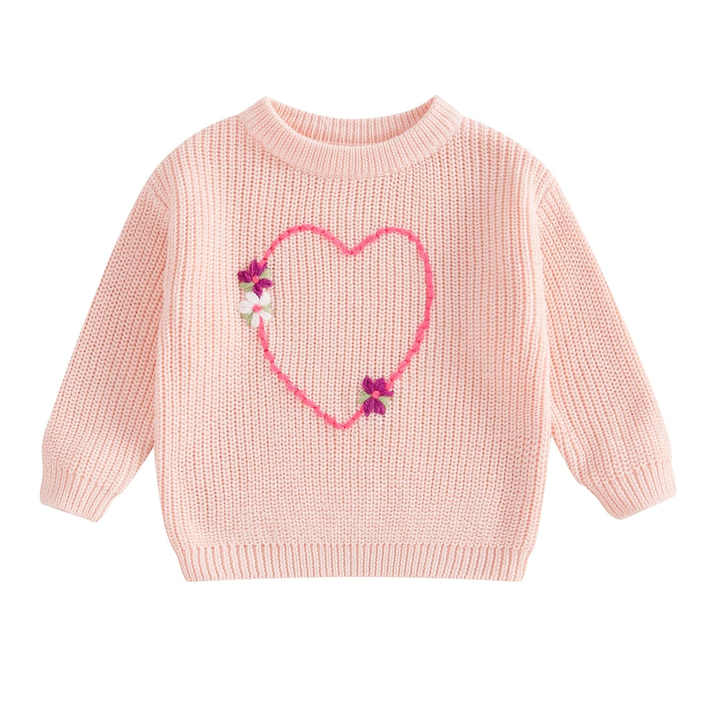 Nokpsedcb Baby Girl Cute Long Sleeve Heart Flowers Embroidery Oversized Sweater Toddler Valentine Outfit (Light Pink, 3-4 Years)