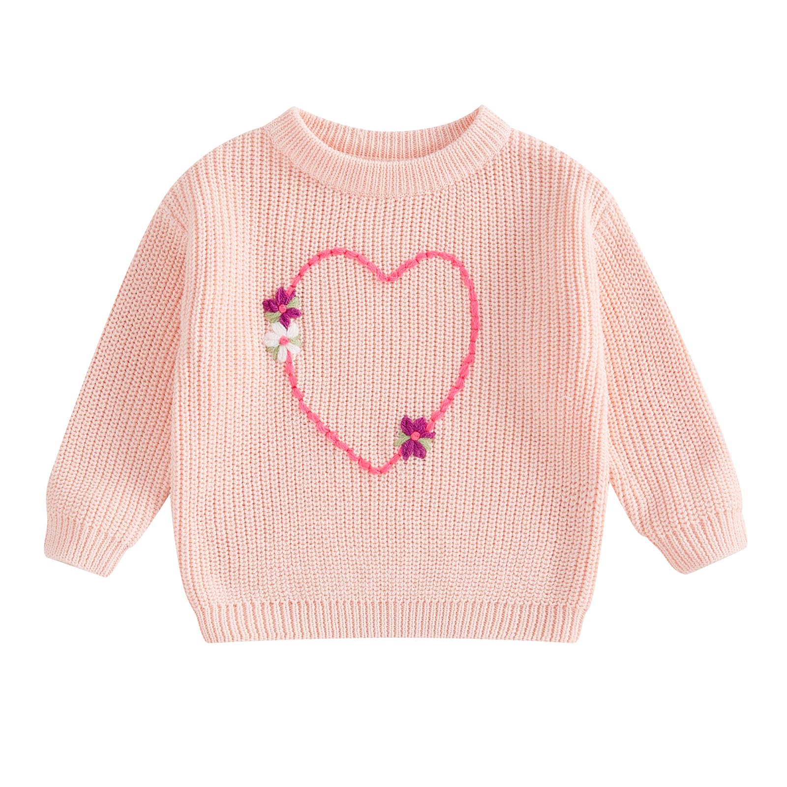 Nokpsedcb Baby Girl Cute Long Sleeve Heart Flowers Embroidery Oversized Sweater Toddler Valentine Outfit (Light Pink, 18-24 Mont