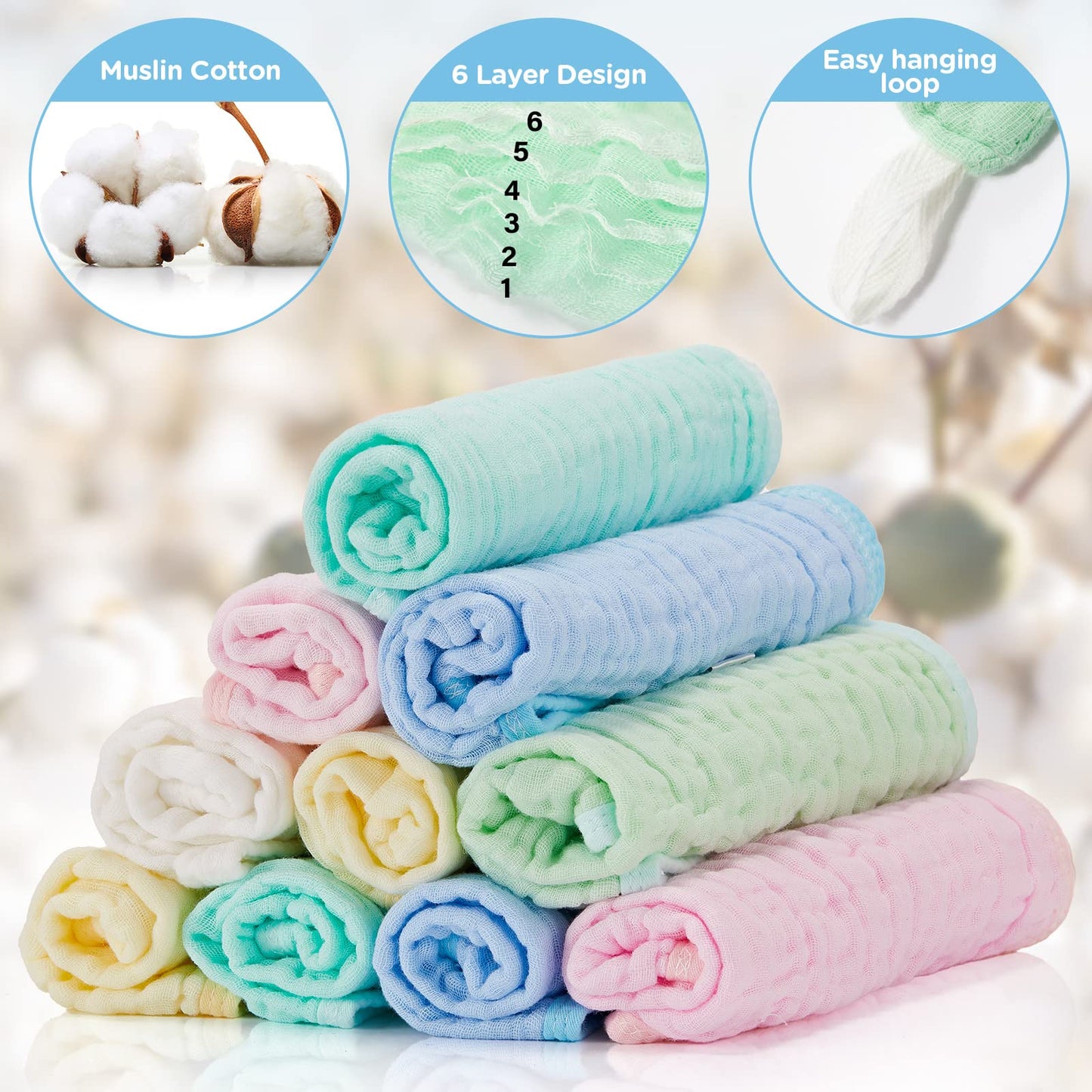 Tudomro 20 Pack Muslin Burp Cloths 20 X 10 Inch Absorbent Baby Burping Cloth 6 Layers Baby Rags Face Towels, 5 Colors