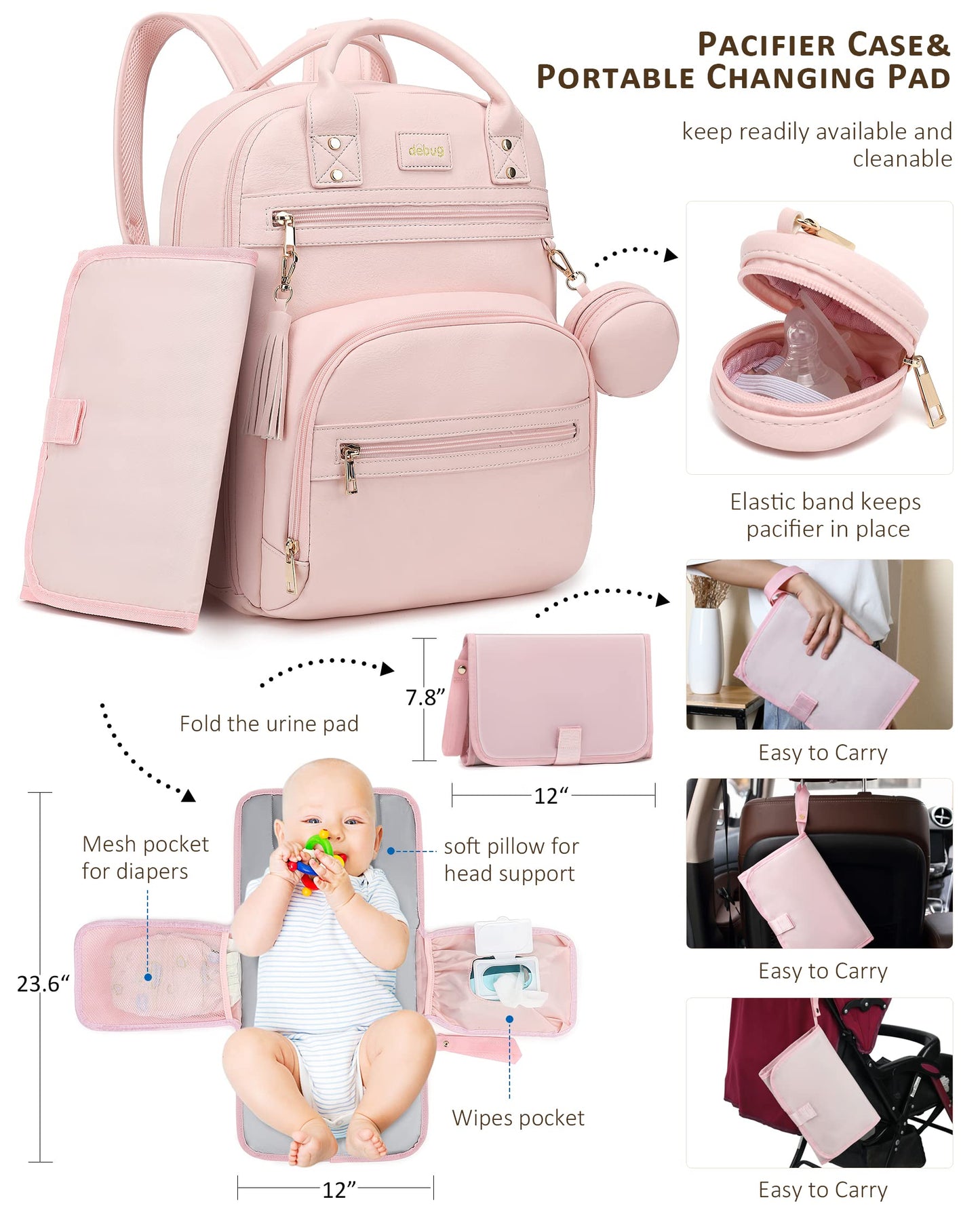 Rosegin Leather Baby Diaper Bag Backpack With Portable Travel Changing Pad Girl Boy, Large Dad Pink Diaper Bags Pacifier Case St