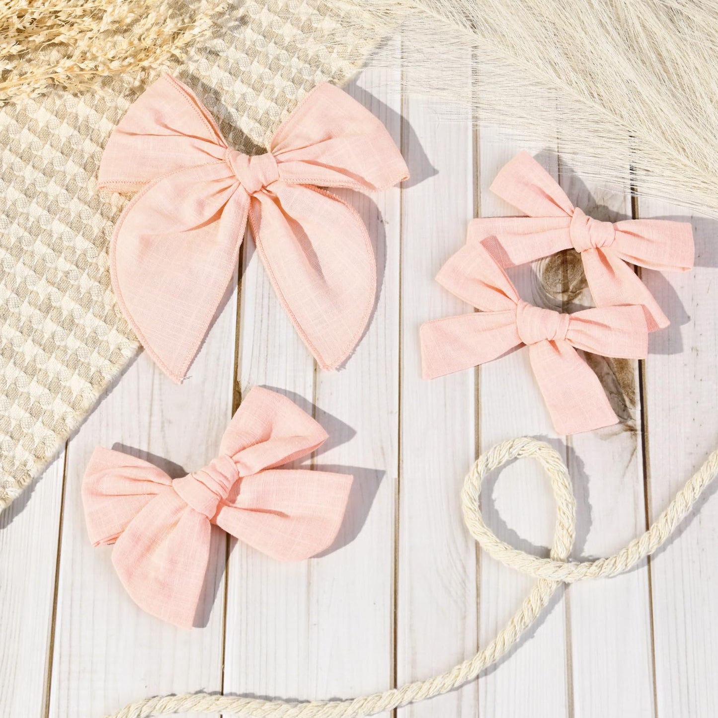 Deeka 4 Pcs Light Pink Cotton Linen Hair Bows 3 Styles 5' & 4' Handmade Hair Bow Set For Toddler Girls Alligator Hair Clips Kn