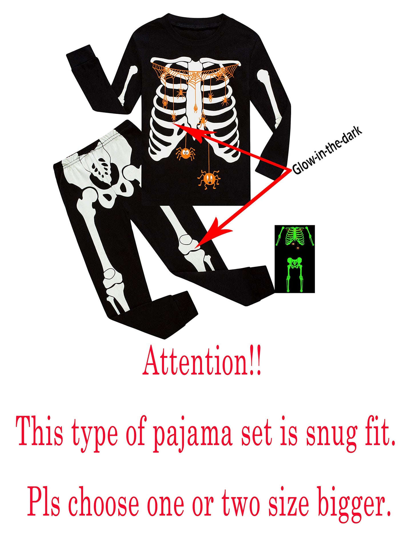 Kikizye Halloween Glow In The Dark Skeleton Sleepwear Baby Boys Girls Long Sleeve Pajamas 100% Cotton Pjs Infant Black Size 18-2