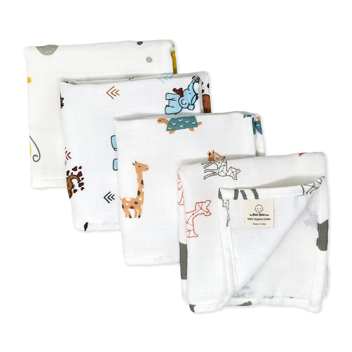 The Boo Boo Club Kids Muslin Soft Cotton Face Towels Washcloth For Babies (Multicolour 27 X 27Cm) Mix Print Pack Of 4