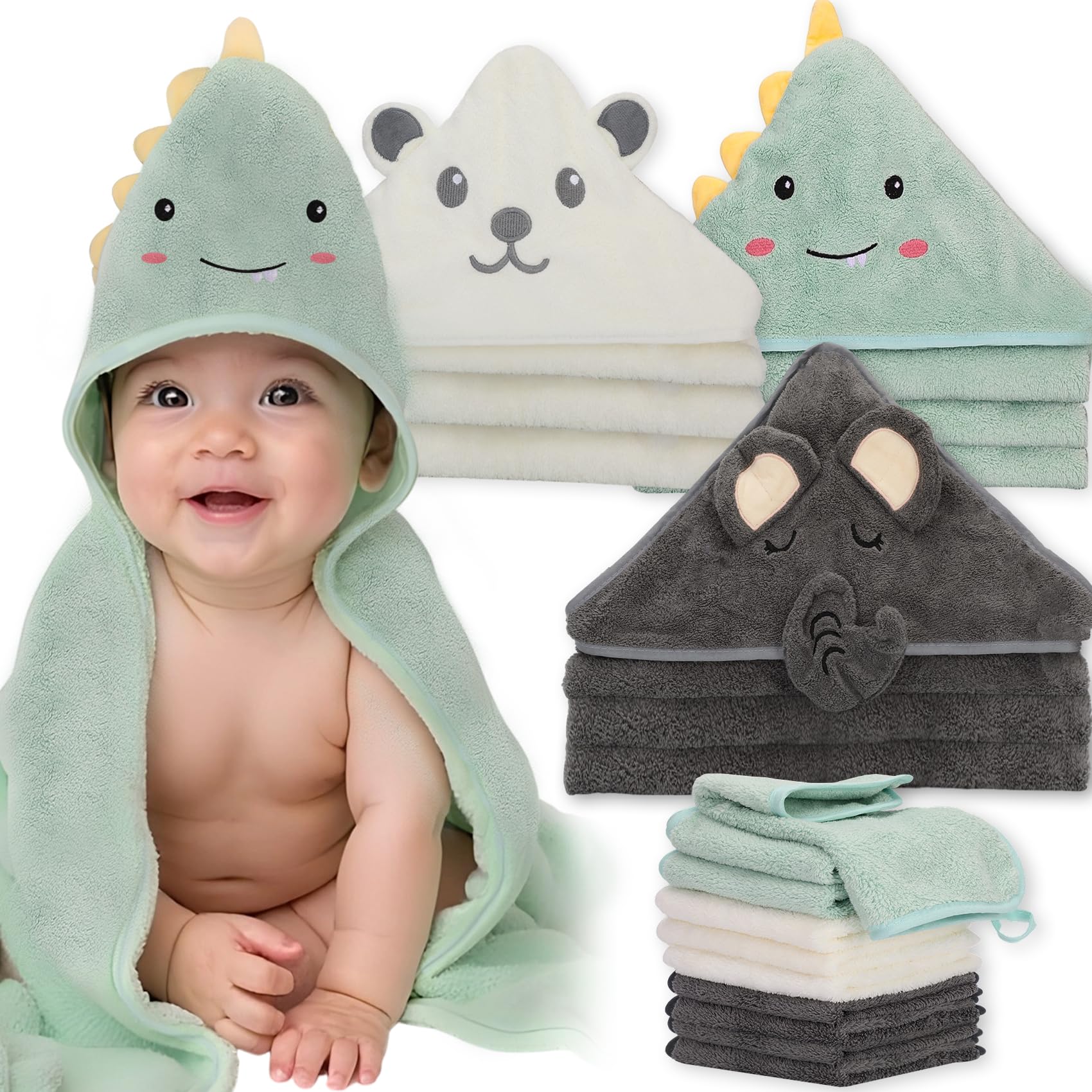 Saranna Baby Hooded Towels for Newborn 13pcs, Soft Baby Bath Towels and Washcloths Set for Toddlers, Infant Towels with Hood Set