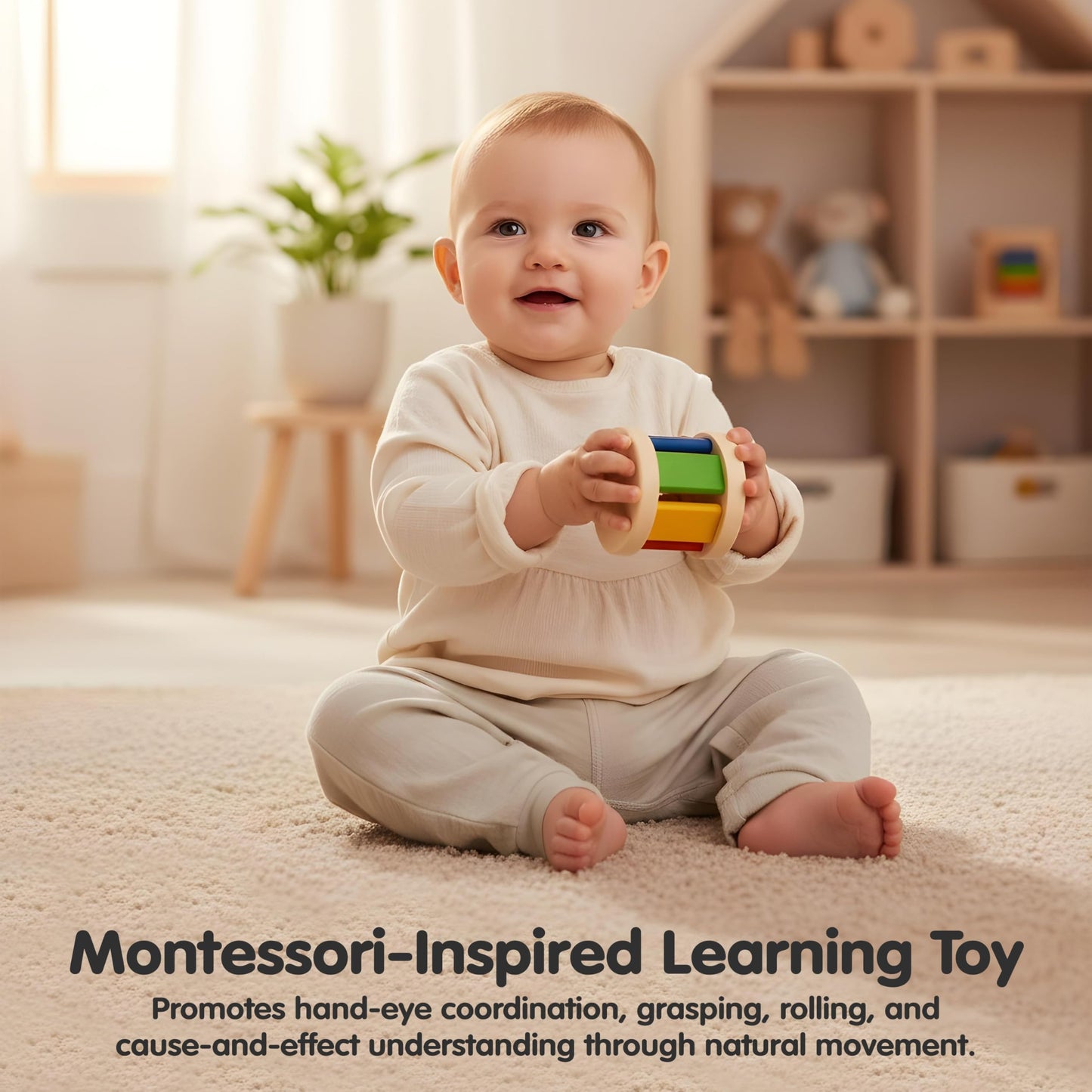 PlanToys Wooden Roller Rattle Toy for Babies | Montessori Baby Sensory Toy with Gentle Sound | Eco-Friendly Crawling & Motor Ski