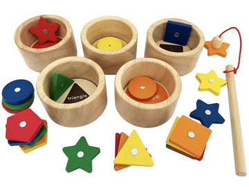 Dailyfunn Montessori Toy Wooden Sorting Cup&Fishing Game 2-in-1 Colors Shapes Sorting Matching Learning Toys for Toddlers 1-3 Ye