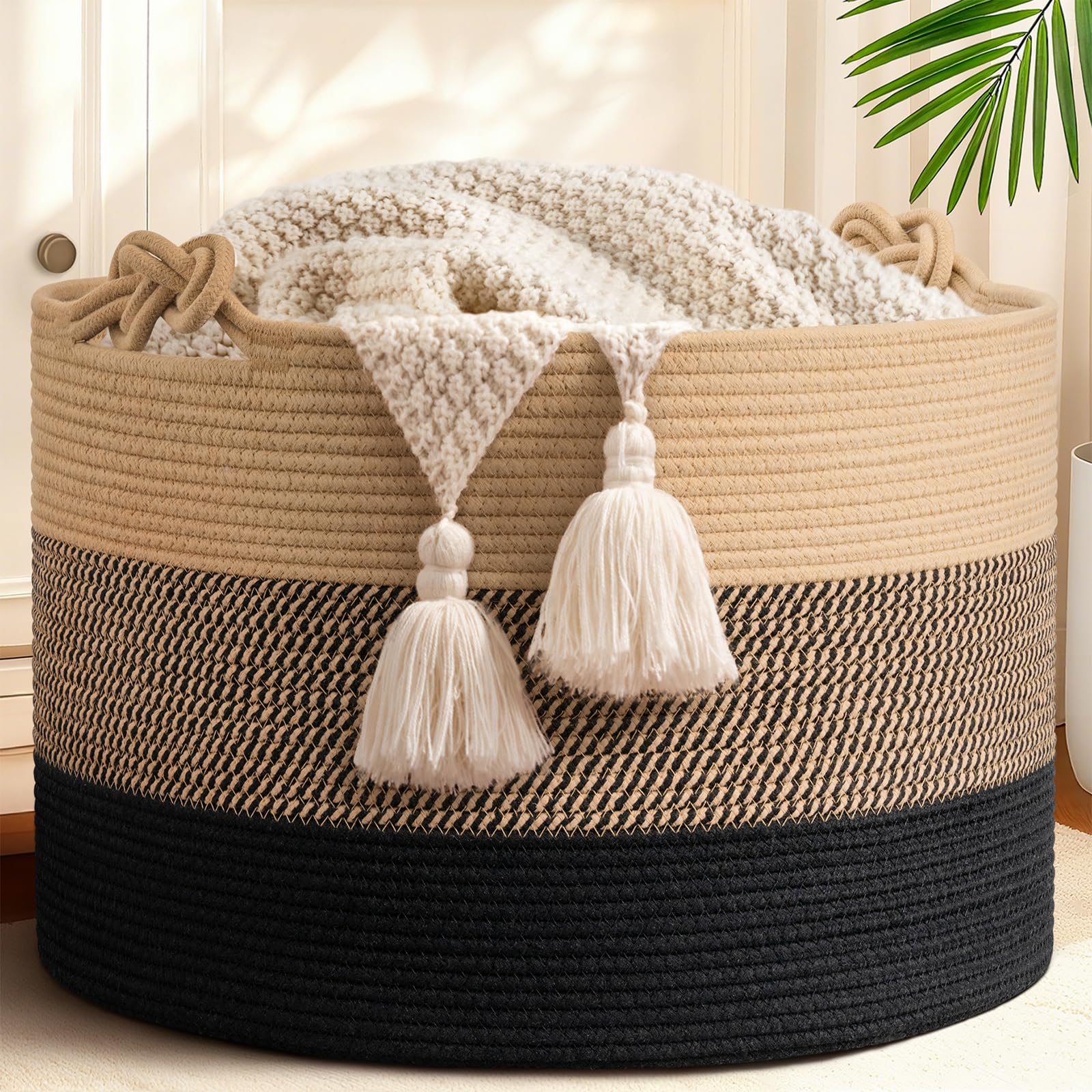 CherryNow 22x22x14 Large Blanket Basket, Home D  cor for Living Room Bedroom, Decorative Wicker Woven Basket for Clothes, Toy St