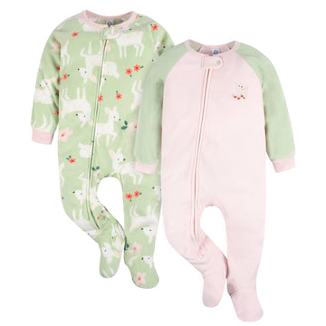 Gerber Toddler Baby Girls Flame Resistant Fleece Footed Pajamas 2-Pack, Pink Deer, 4T