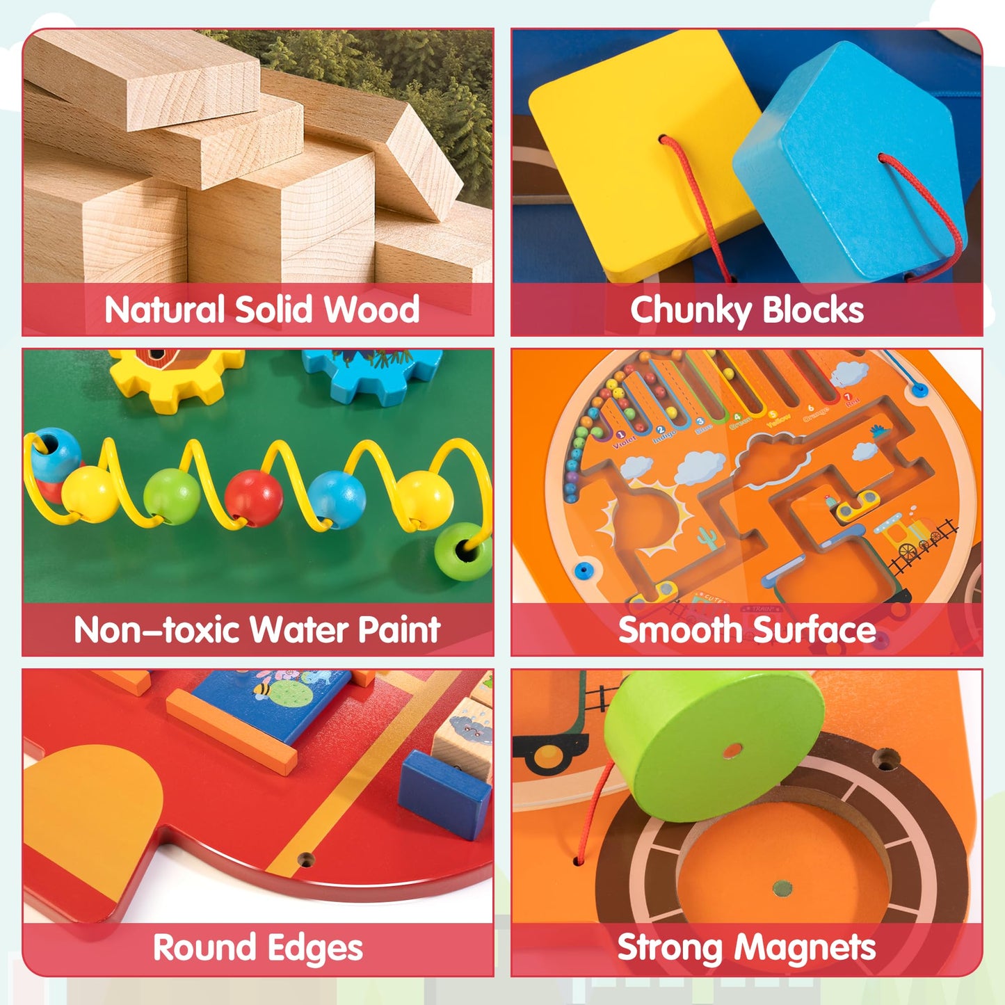 Train Activity Wall Busy Board Panels | 11-in-1 Wooden Sensory Wall Panel for Kids, Toddler Montessori Learning Activity Center,