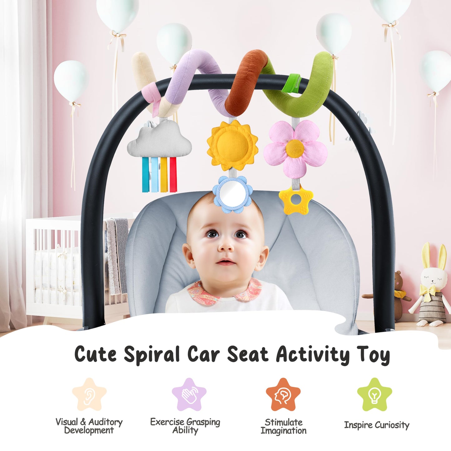 Stuffed Christmas Spiral Baby Car Seat Toys, Best Newborn Shower Gifts, Soft Infant Essentials Must Have Hanging Toys (Vibrant N