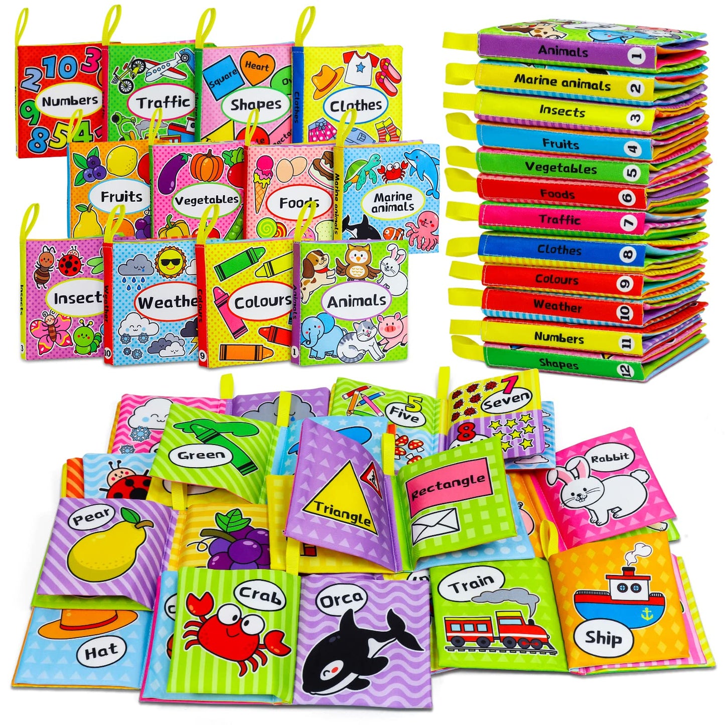 OKOOKO Soft Baby Books 12PCS Soft Cloth Books Bath Books Crinkle Washable Non-Toxic Early Education Preschool Learning Toy for N