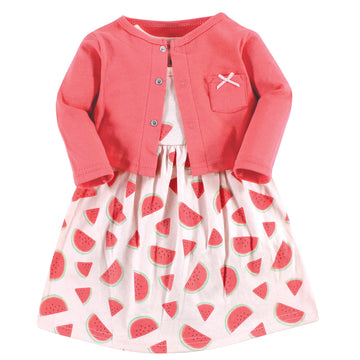 Hudson Baby Baby Girls' Cotton Dress And Cardigan Set, Coral Watermelon, 9-12 Months