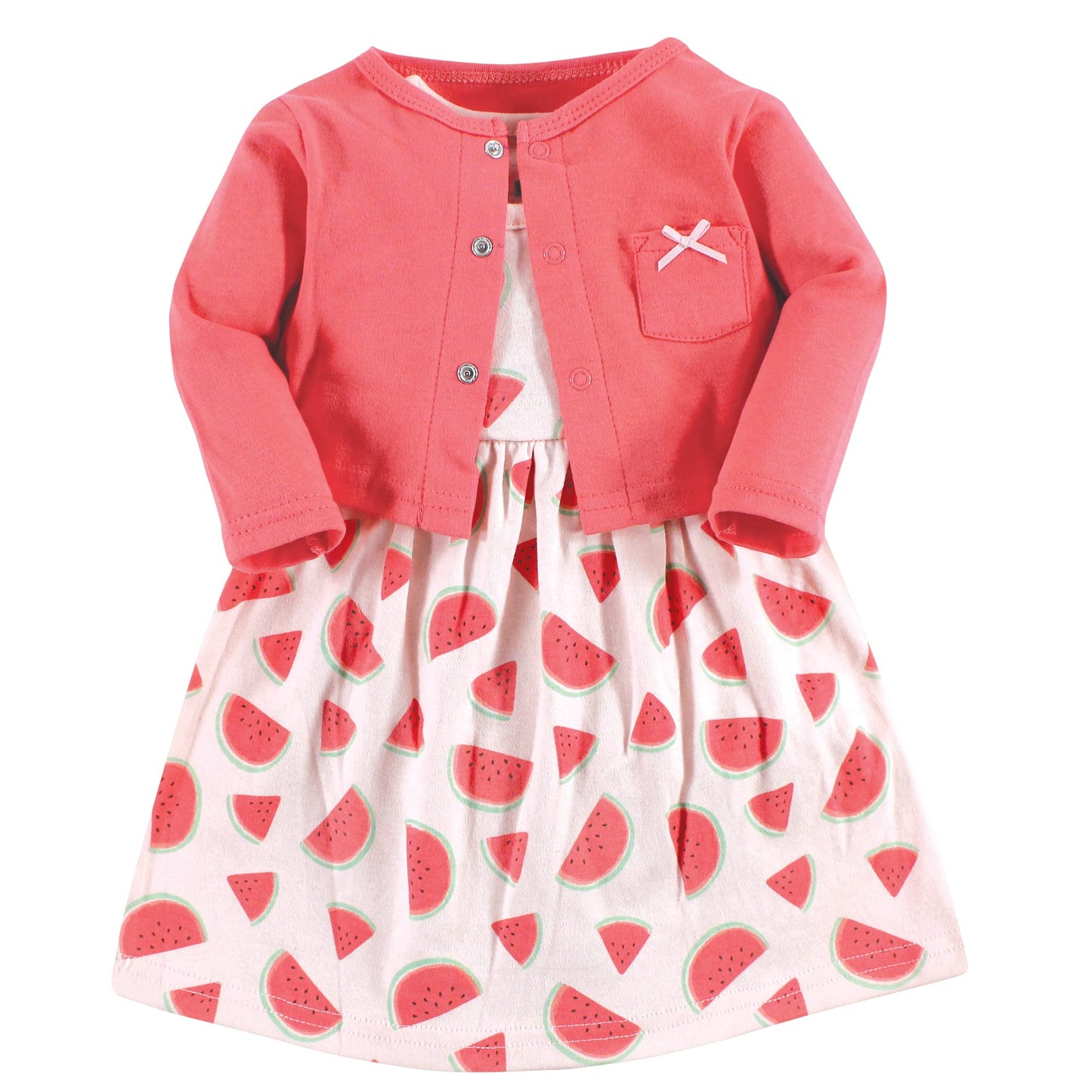 Hudson Baby Baby Girls' Cotton Dress And Cardigan Set, Coral Watermelon, 0-3 Months